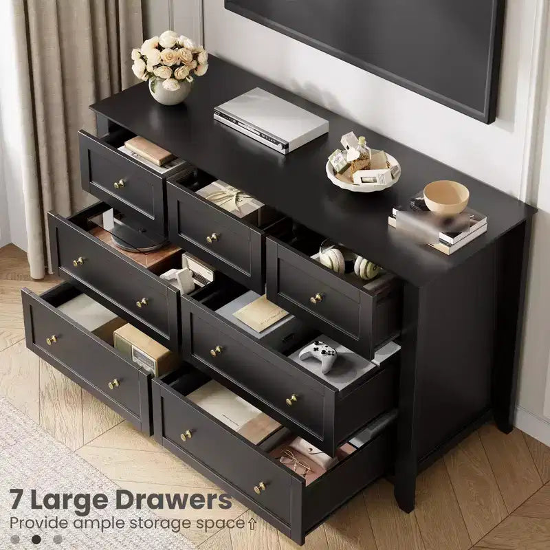 Commode à 7 tiroirs pour chambre à coucher, commode en bois de 54 po de large avec poignées en métal, organisateur de rangement pour vêtements, meuble TV pour entrée, chambre à coucher