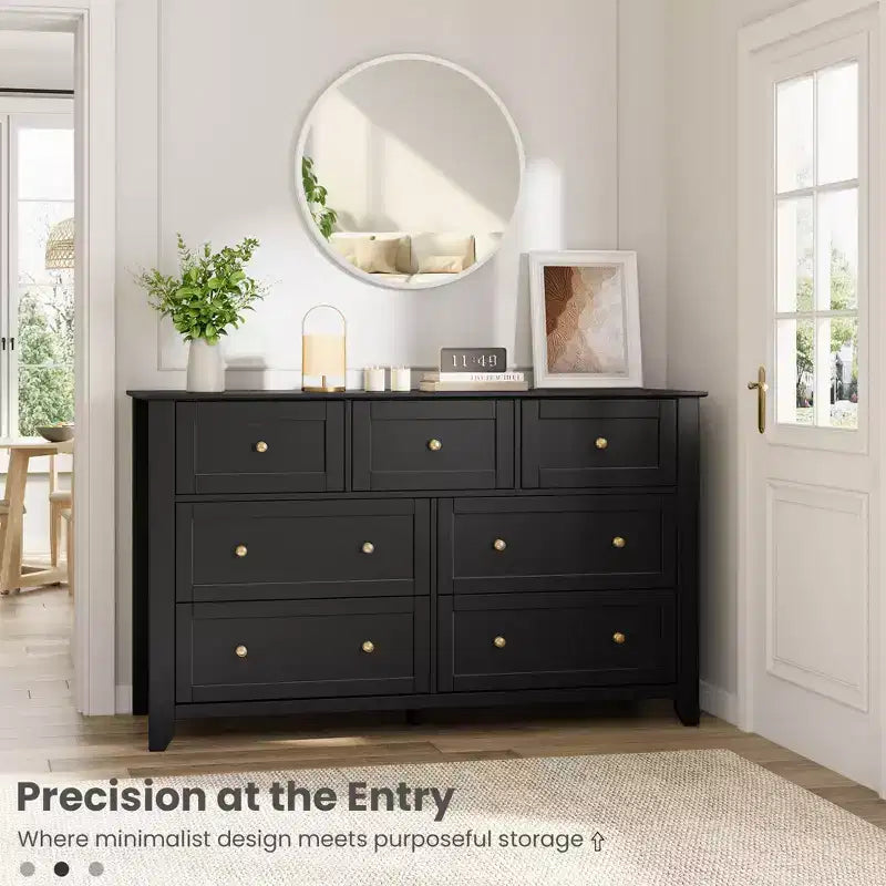 Commode à 7 tiroirs pour chambre à coucher, commode en bois de 54 po de large avec poignées en métal, organisateur de rangement pour vêtements, meuble TV pour entrée, chambre à coucher