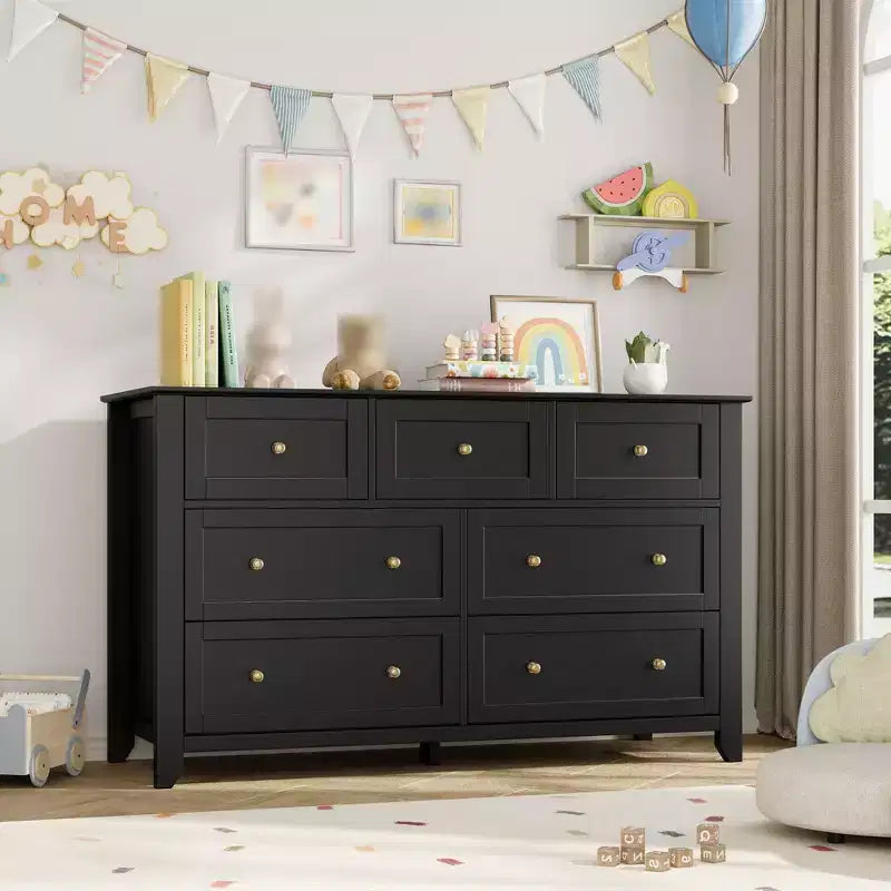 Commode à 7 tiroirs pour chambre à coucher, commode en bois de 54 po de large avec poignées en métal, organisateur de rangement pour vêtements, meuble TV pour entrée, chambre à coucher