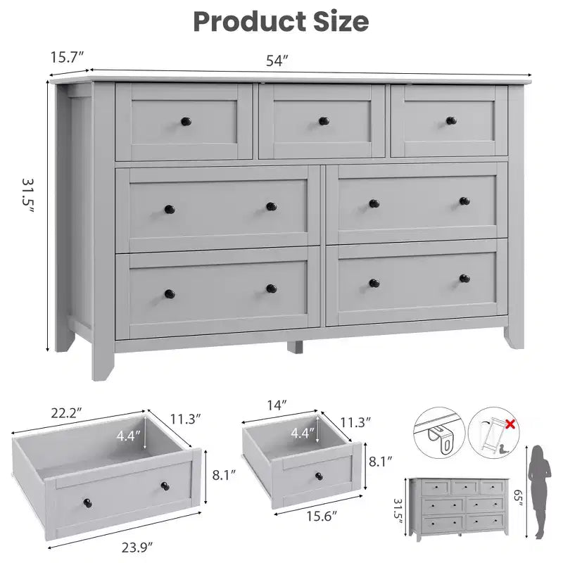 Commode à 7 tiroirs pour chambre à coucher, commode en bois de 54 po de large avec poignées en métal, organisateur de rangement pour vêtements, meuble TV pour entrée, chambre à coucher