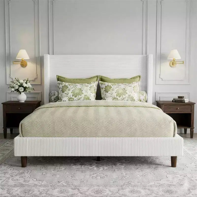 Cadre de lit plateforme Dyonery Queen en velours côtelé avec tête de lit capitonnée à oreilles de 142 cm, pieds en bois massif, sommier tapissier non requis et montage facile