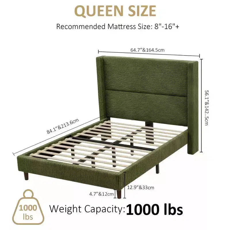 Cadre de lit plateforme Dyonery Queen en velours côtelé avec tête de lit capitonnée à oreilles de 142 cm, pieds en bois massif, sommier tapissier non requis et montage facile