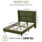 Cadre de lit plateforme Dyonery Queen en velours côtelé avec tête de lit capitonnée à oreilles de 142 cm, pieds en bois massif, sommier tapissier non requis et montage facile