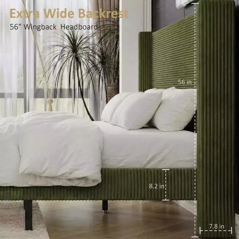 Cadre de lit plateforme Dyonery Queen en velours côtelé avec tête de lit capitonnée à oreilles de 142 cm, pieds en bois massif, sommier tapissier non requis et montage facile