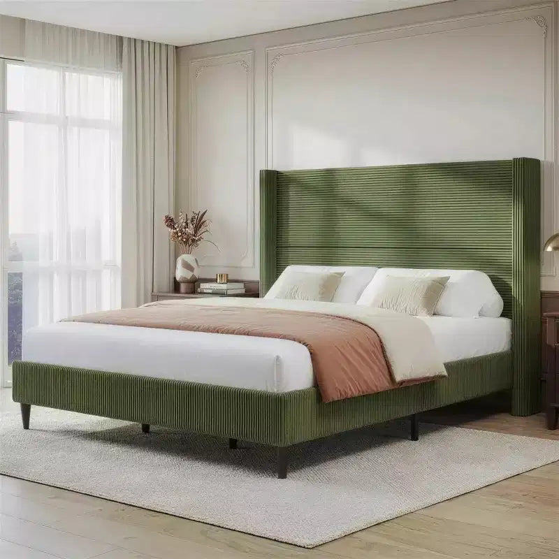 Cadre de lit plateforme Dyonery Queen en velours côtelé avec tête de lit capitonnée à oreilles de 142 cm, pieds en bois massif, sommier tapissier non requis et montage facile