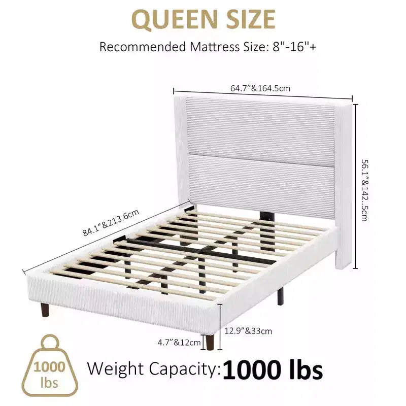 Cadre de lit plateforme Dyonery Queen en velours côtelé avec tête de lit capitonnée à oreilles de 142 cm, pieds en bois massif, sommier tapissier non requis et montage facile