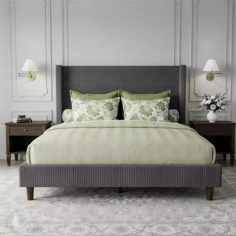 Cadre de lit plateforme Dyonery Queen en velours côtelé avec tête de lit capitonnée à oreilles de 142 cm, pieds en bois massif, sommier tapissier non requis et montage facile