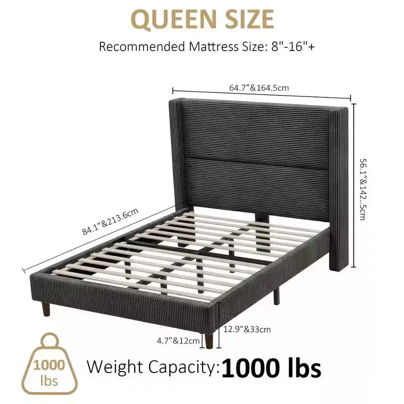 Cadre de lit plateforme Dyonery Queen en velours côtelé avec tête de lit capitonnée à oreilles de 142 cm, pieds en bois massif, sommier tapissier non requis et montage facile