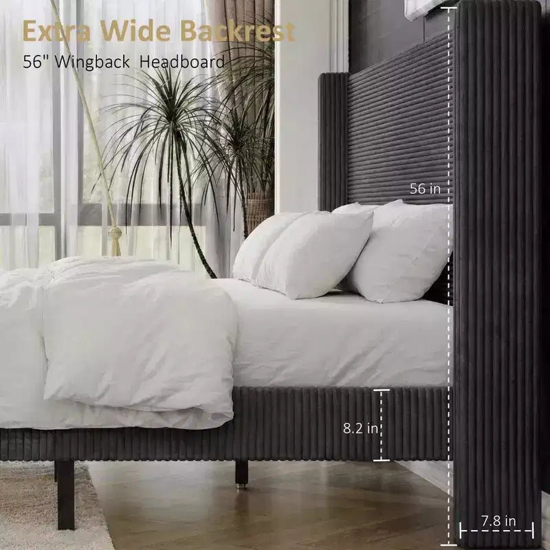 Cadre de lit plateforme Dyonery Queen en velours côtelé avec tête de lit capitonnée à oreilles de 142 cm, pieds en bois massif, sommier tapissier non requis et montage facile
