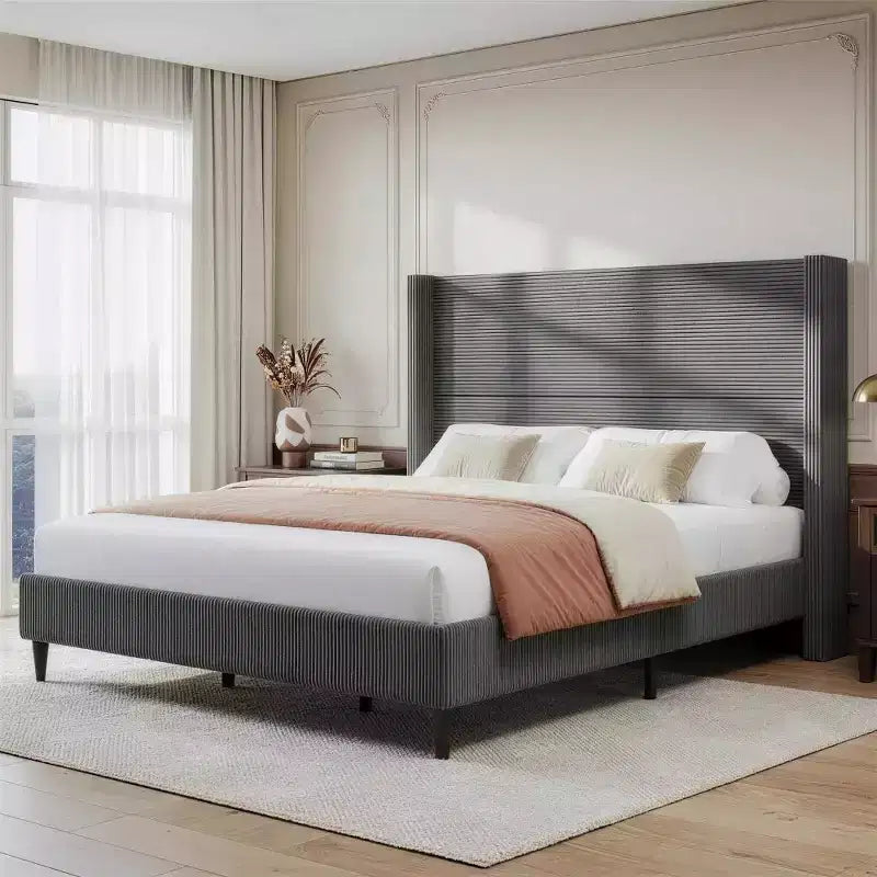 Cadre de lit plateforme Dyonery Queen en velours côtelé avec tête de lit capitonnée à oreilles de 142 cm, pieds en bois massif, sommier tapissier non requis et montage facile