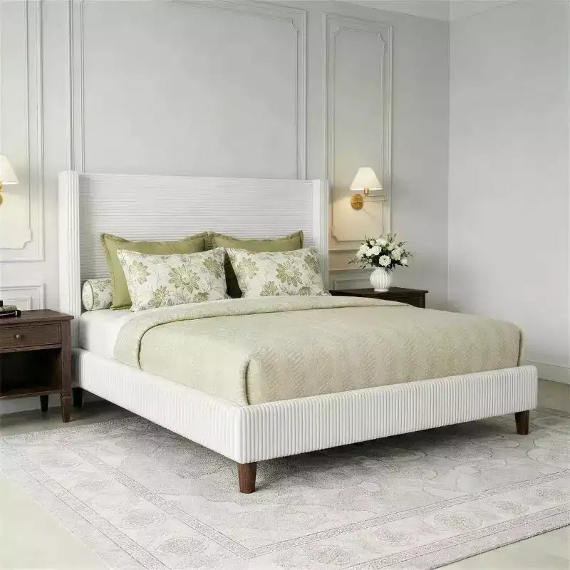 Cadre de lit plateforme Dyonery Queen en velours côtelé avec tête de lit capitonnée à oreilles de 142 cm, pieds en bois massif, sommier tapissier non requis et montage facile