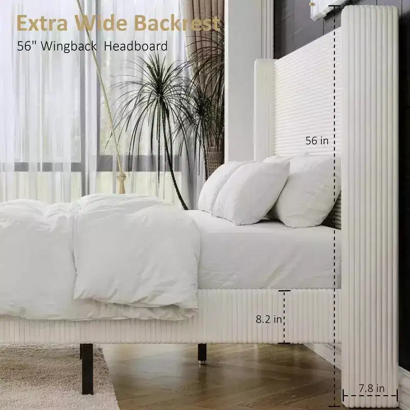 Cadre de lit plateforme Dyonery Queen en velours côtelé avec tête de lit capitonnée à oreilles de 142 cm, pieds en bois massif, sommier tapissier non requis et montage facile