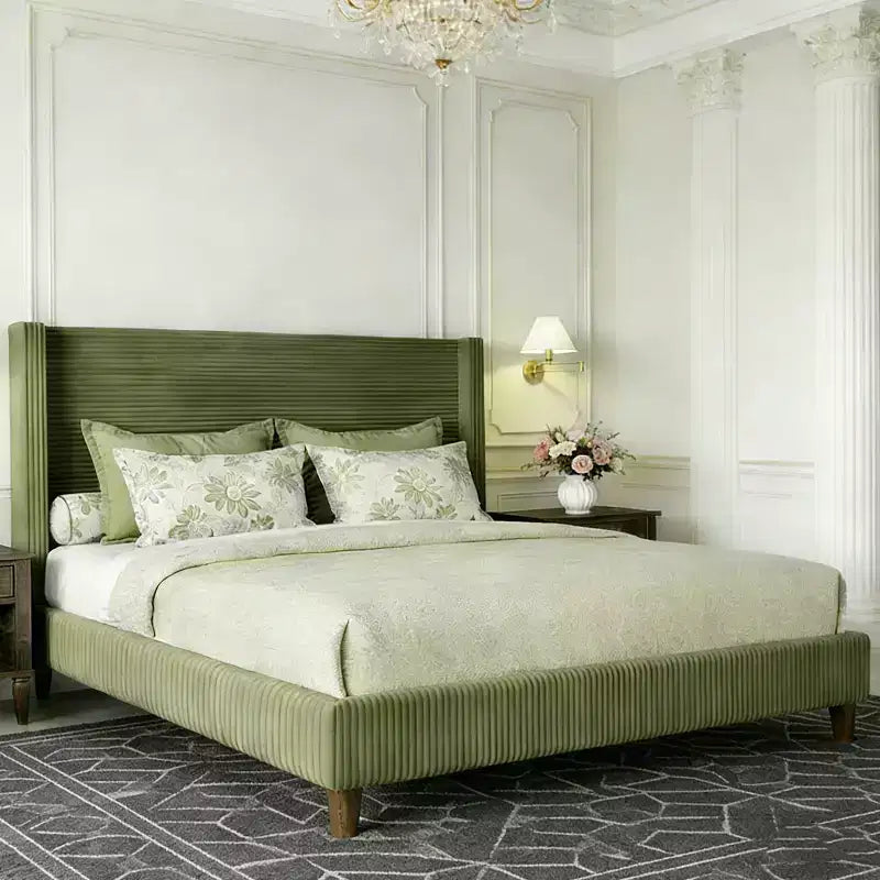 Cadre de lit plateforme Dyonery Queen en velours côtelé avec tête de lit capitonnée à oreilles de 142 cm, pieds en bois massif, sommier tapissier non requis et montage facile