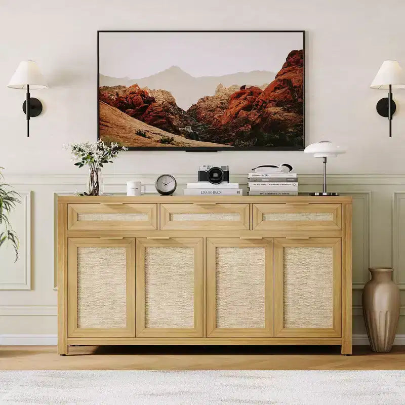 Buffet-bahut 63", meuble de bar à café en rotin avec 3 tiroirs, console multimédia en bois, bahut d'appoint pour salon et cuisine