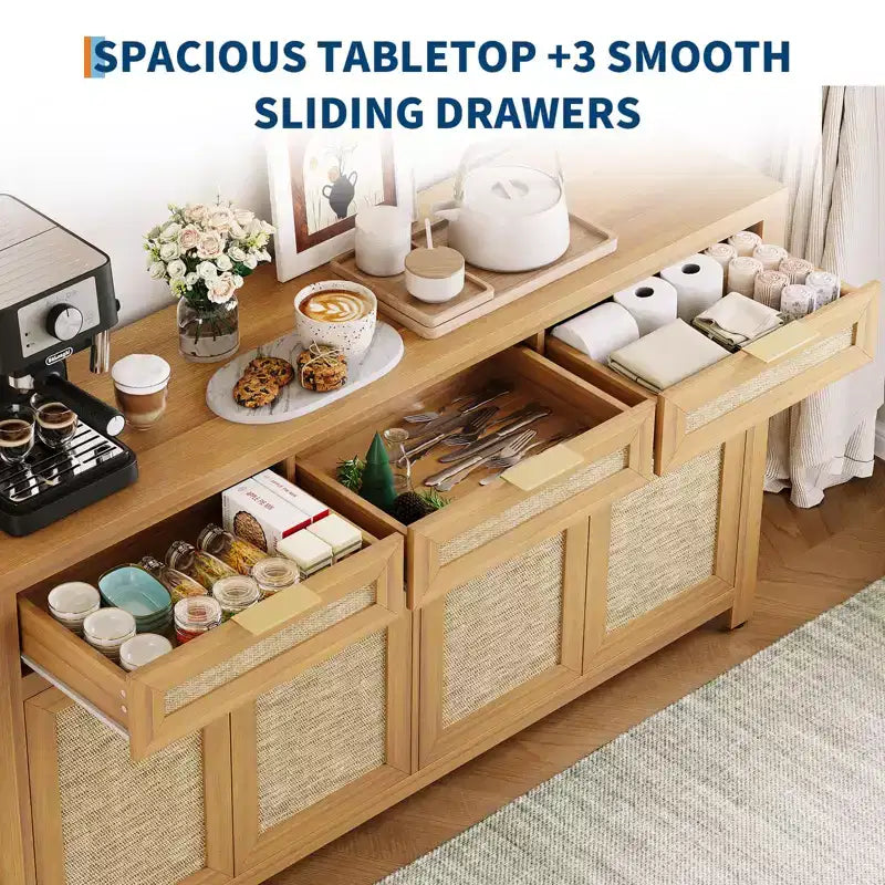 Buffet-bahut 63", meuble de bar à café en rotin avec 3 tiroirs, console multimédia en bois, bahut d'appoint pour salon et cuisine
