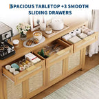 Buffet-bahut 63", meuble de bar à café en rotin avec 3 tiroirs, console multimédia en bois, bahut d'appoint pour salon et cuisine