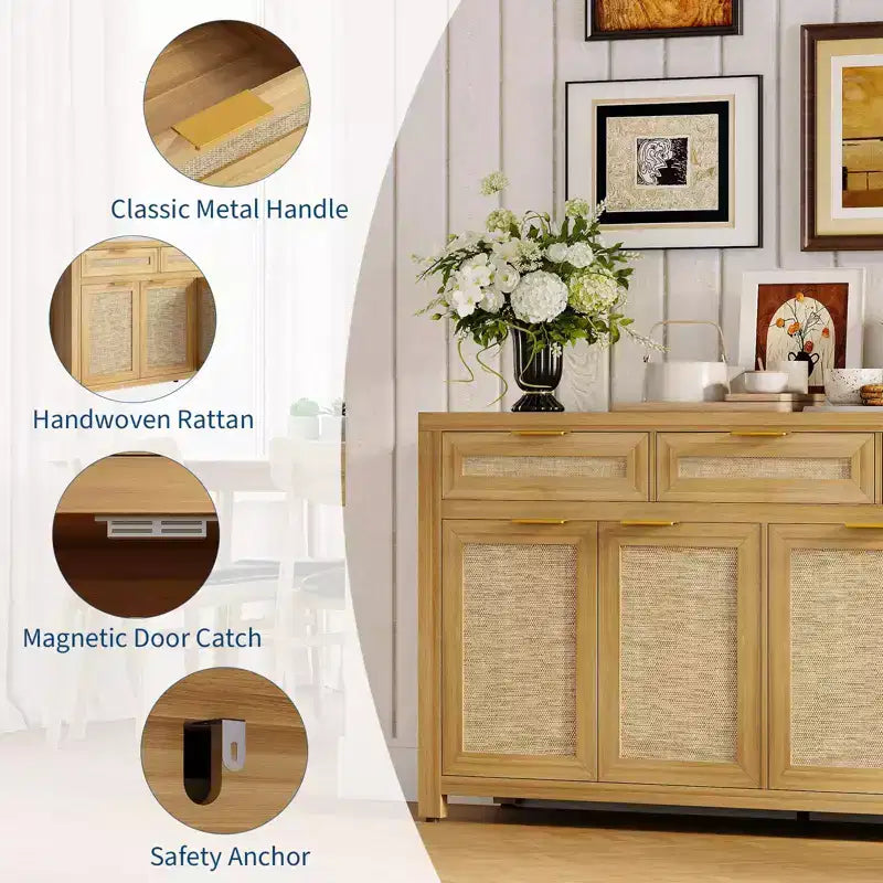 Buffet-bahut 63", meuble de bar à café en rotin avec 3 tiroirs, console multimédia en bois, bahut d'appoint pour salon et cuisine