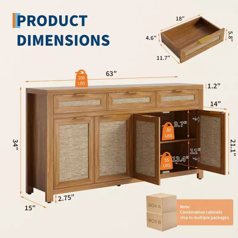 Buffet-bahut 63", meuble de bar à café en rotin avec 3 tiroirs, console multimédia en bois, bahut d'appoint pour salon et cuisine