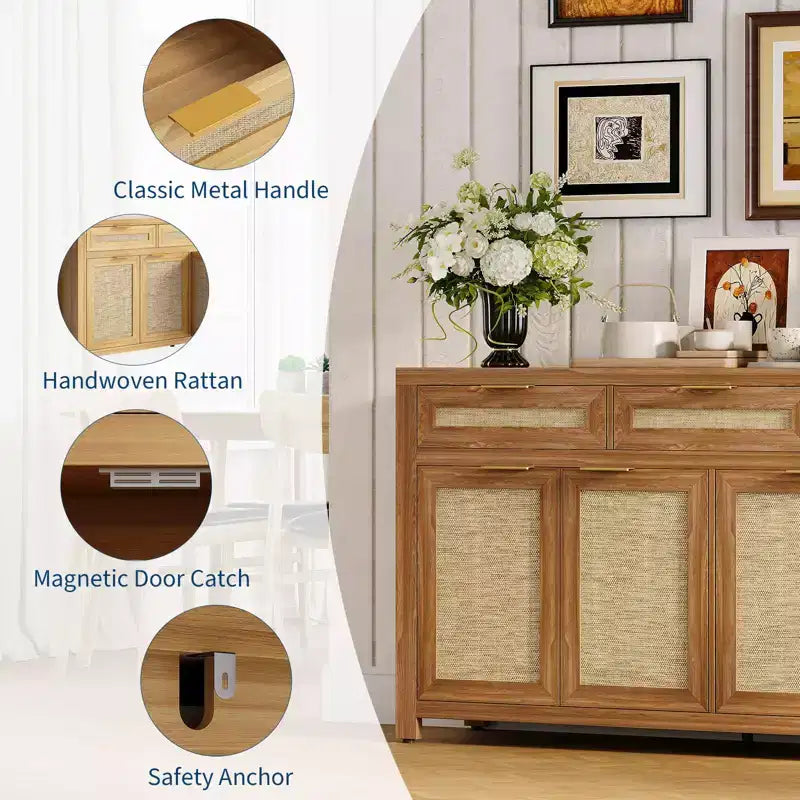 Buffet-bahut 63", meuble de bar à café en rotin avec 3 tiroirs, console multimédia en bois, bahut d'appoint pour salon et cuisine