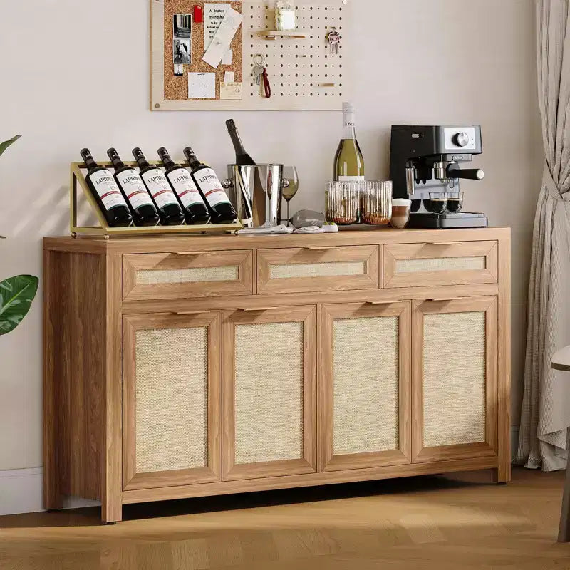 Buffet-bahut 63", meuble de bar à café en rotin avec 3 tiroirs, console multimédia en bois, bahut d'appoint pour salon et cuisine