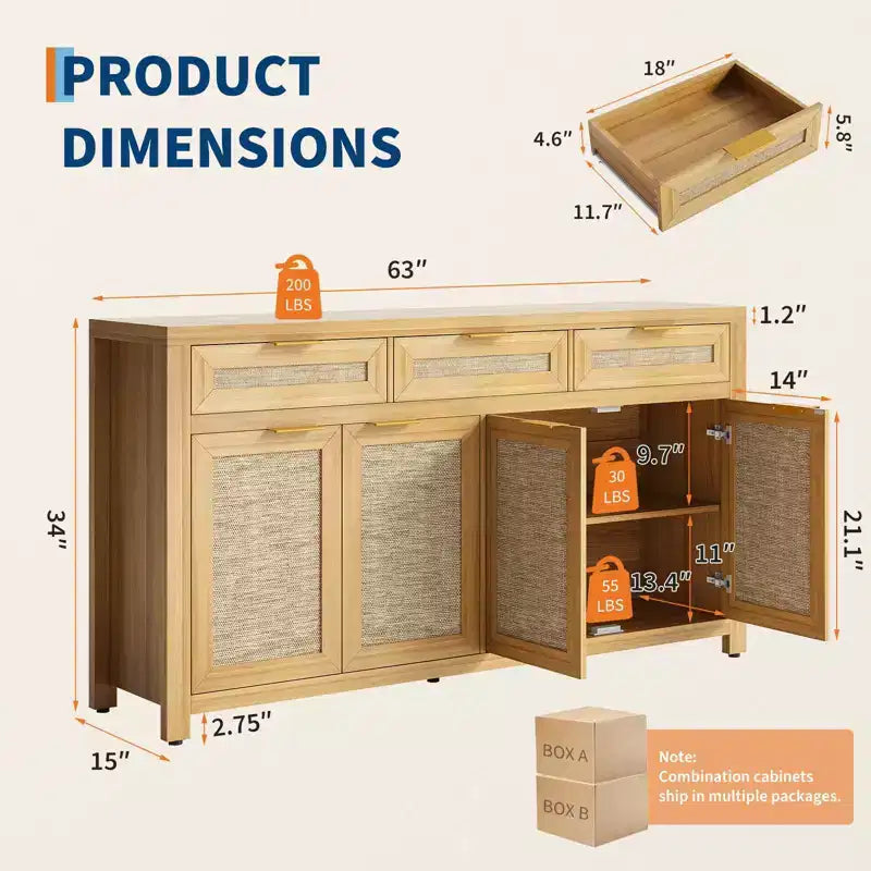 Buffet-bahut 63", meuble de bar à café en rotin avec 3 tiroirs, console multimédia en bois, bahut d'appoint pour salon et cuisine