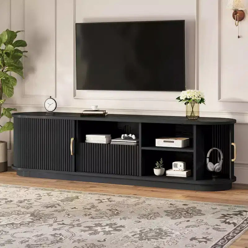 Vintage Rustic TV Stand with Sliding Wood Slatted Doors, 75 Farmhouse Fluted Media Console with Drawer (Black Wood Grain)