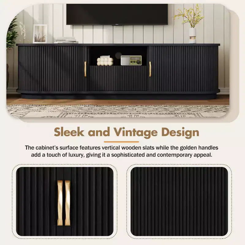 Meuble TV Rustique Vintage avec Portes Coulissantes à Lattes, Meuble TV Flûté de Ferme de 75 po avec Tiroir (Grain de Bois Noir)