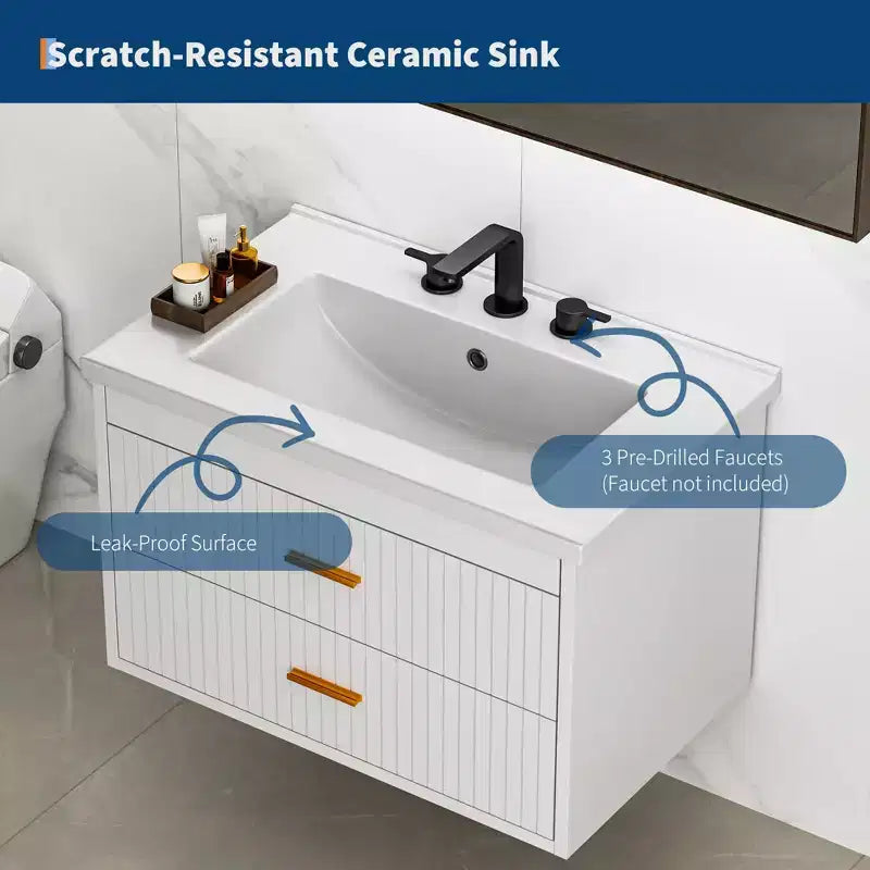 Meuble-lavabo suspendu avec évier, meuble de salle de bain mural avec 2 tiroirs à fermeture amortie, rangement moderne pour salle de bain