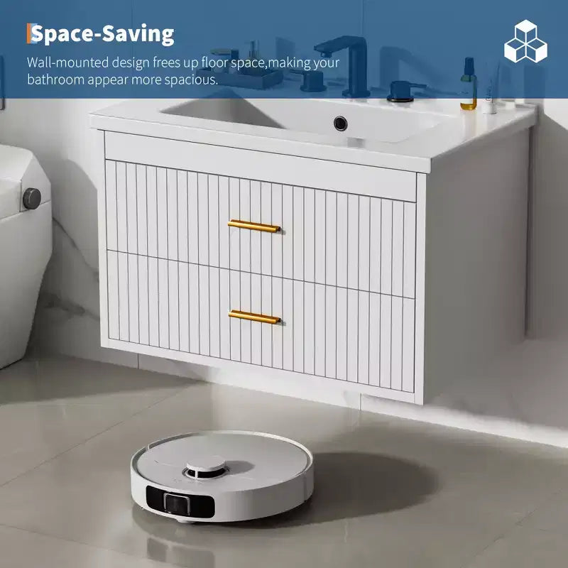Meuble-lavabo suspendu avec évier, meuble de salle de bain mural avec 2 tiroirs à fermeture amortie, rangement moderne pour salle de bain