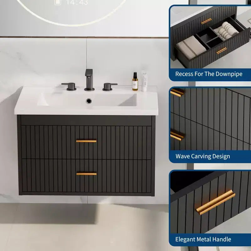 Meuble-lavabo suspendu avec évier, meuble de salle de bain mural avec 2 tiroirs à fermeture amortie, rangement moderne pour salle de bain