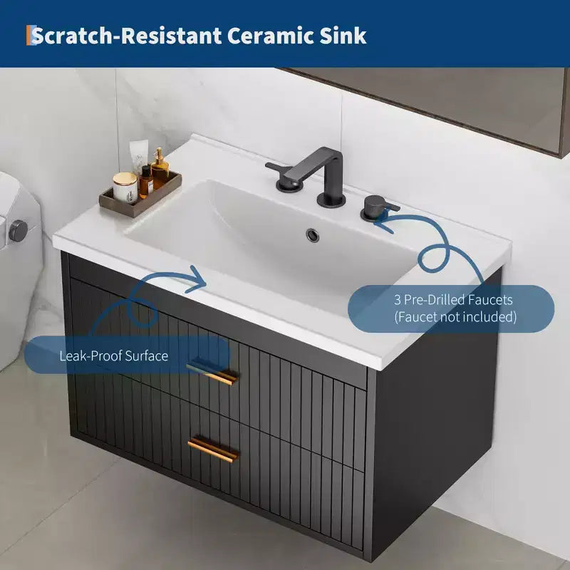Meuble-lavabo suspendu avec évier, meuble de salle de bain mural avec 2 tiroirs à fermeture amortie, rangement moderne pour salle de bain