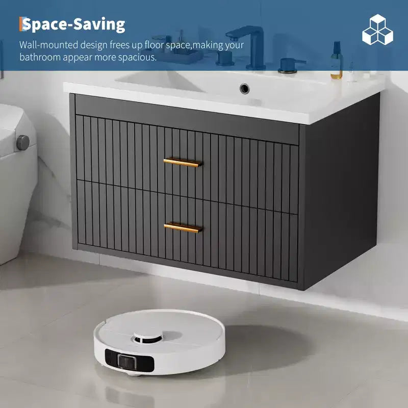 Meuble-lavabo suspendu avec évier, meuble de salle de bain mural avec 2 tiroirs à fermeture amortie, rangement moderne pour salle de bain