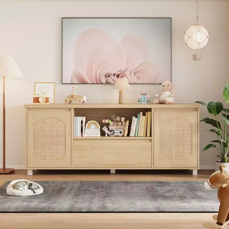 TV Stands for Living Room,Rattan TV Console Cabinet with Storage and Shelf, Boho Entertainment Center for TV up to 70,for Living Room, Bedroom