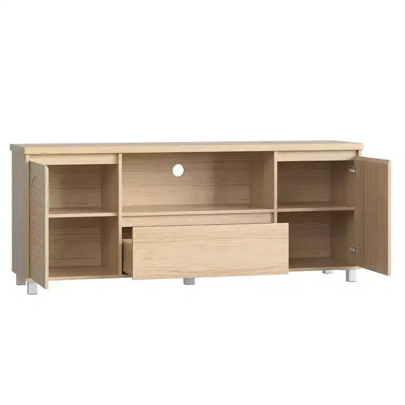 Meubles TV pour salon, meuble TV console en rotin avec rangement et étagère, meuble TV bohème pour TV jusqu'à 70 pouces, pour salon, chambre à coucher