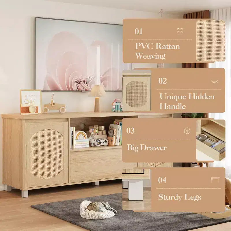 Meubles TV pour salon, meuble TV console en rotin avec rangement et étagère, meuble TV bohème pour TV jusqu'à 70 pouces, pour salon, chambre à coucher