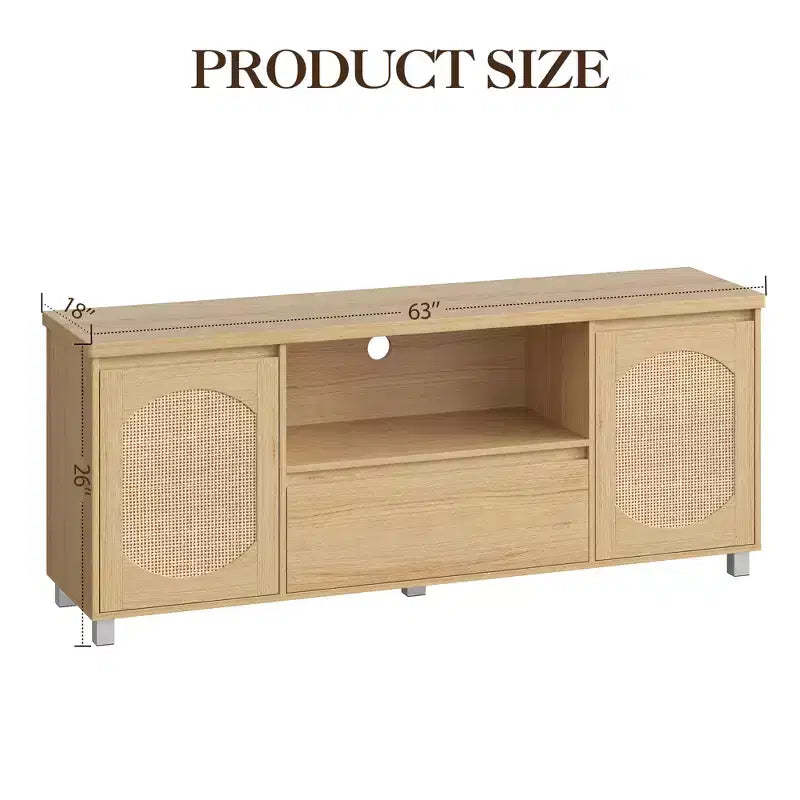 Meubles TV pour salon, meuble TV console en rotin avec rangement et étagère, meuble TV bohème pour TV jusqu'à 70 pouces, pour salon, chambre à coucher