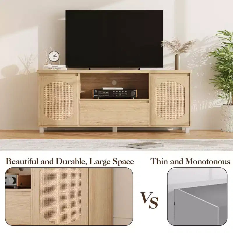 Meubles TV pour salon, meuble TV console en rotin avec rangement et étagère, meuble TV bohème pour TV jusqu'à 70 pouces, pour salon, chambre à coucher
