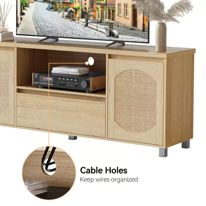Meubles TV pour salon, meuble TV console en rotin avec rangement et étagère, meuble TV bohème pour TV jusqu'à 70 pouces, pour salon, chambre à coucher