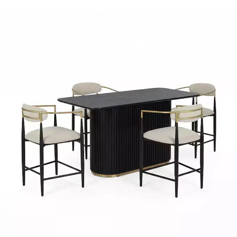 Ensemble de salle à manger moderne Christopher Knight Home Iwinie 5 pièces avec table piédestal en bois et tabourets de comptoir rembourrés en métal
