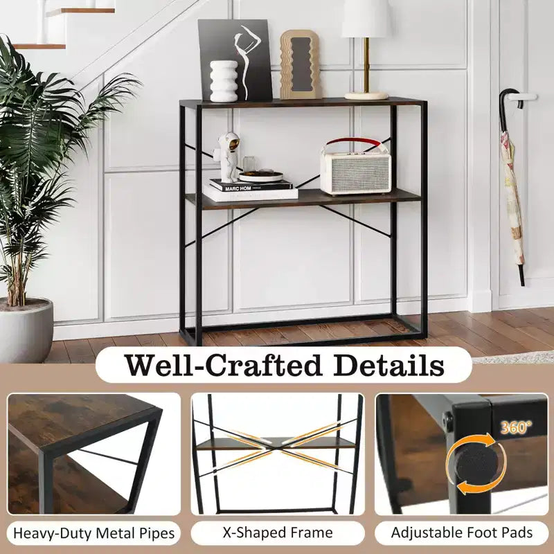Costway Table Console 36" avec Étagères Ouvertes Texturées en Bois et Cadre Métallique pour Couloir Blanc/Brun