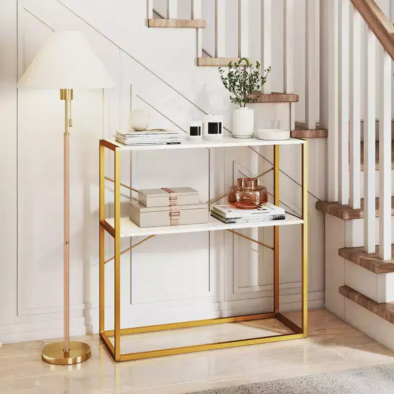 Costway Table Console 36" avec Étagères Ouvertes Texturées en Bois et Cadre Métallique pour Couloir Blanc/Brun