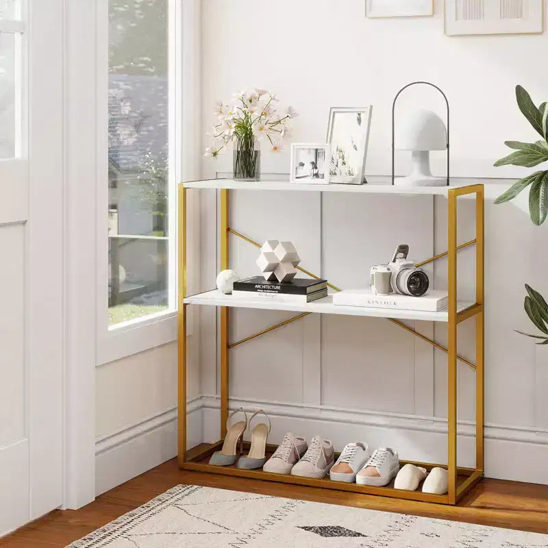 Costway Table Console 36" avec Étagères Ouvertes Texturées en Bois et Cadre Métallique pour Couloir Blanc/Brun