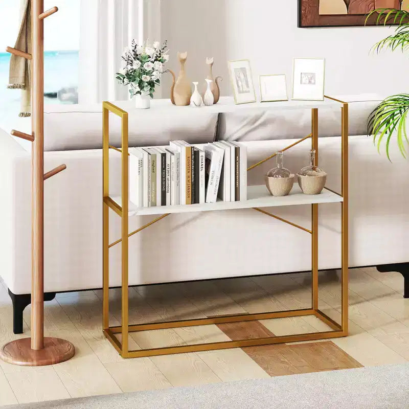 Costway Table Console 36" avec Étagères Ouvertes Texturées en Bois et Cadre Métallique pour Couloir Blanc/Brun