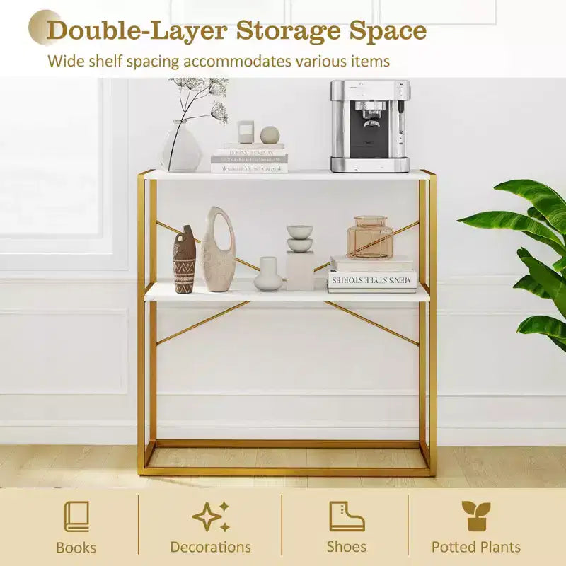 Costway Table Console 36" avec Étagères Ouvertes Texturées en Bois et Cadre Métallique pour Couloir Blanc/Brun