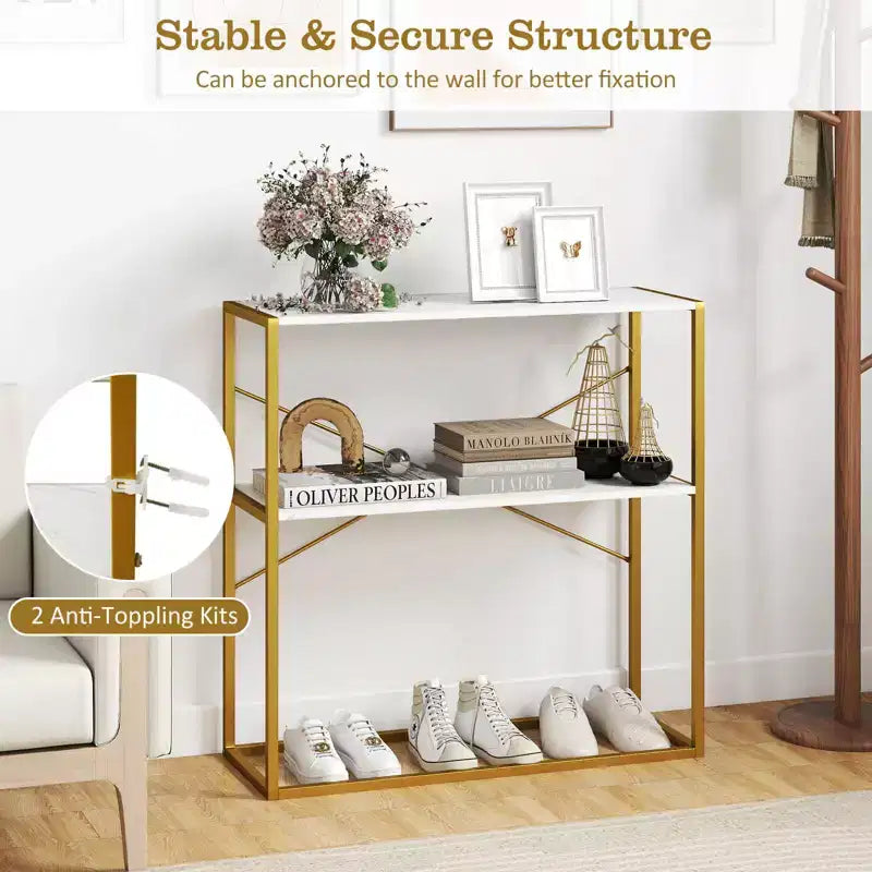 Costway Table Console 36" avec Étagères Ouvertes Texturées en Bois et Cadre Métallique pour Couloir Blanc/Brun
