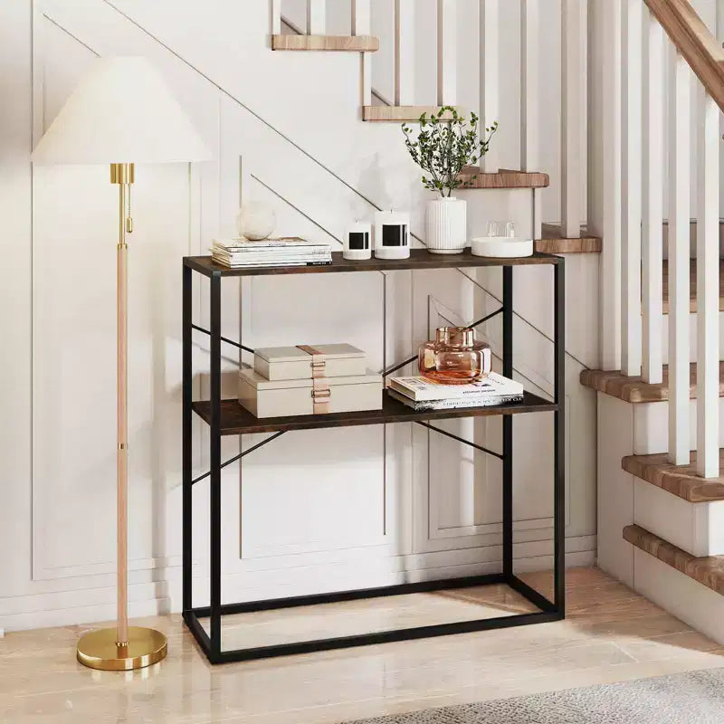 Costway Table Console 36" avec Étagères Ouvertes Texturées en Bois et Cadre Métallique pour Couloir Blanc/Brun