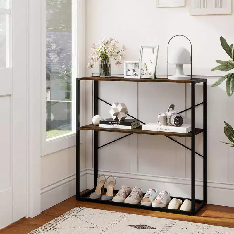 Costway Table Console 36" avec Étagères Ouvertes Texturées en Bois et Cadre Métallique pour Couloir Blanc/Brun