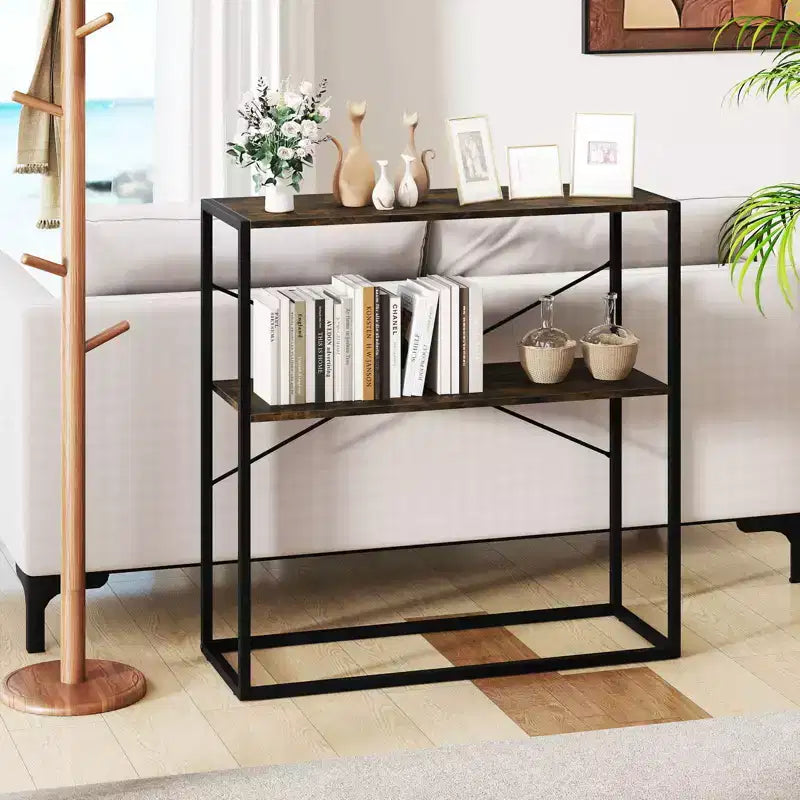 Costway Table Console 36" avec Étagères Ouvertes Texturées en Bois et Cadre Métallique pour Couloir Blanc/Brun