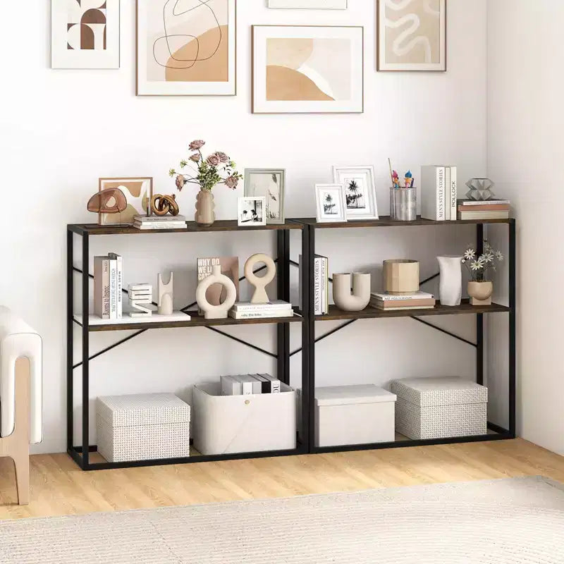 Costway Table Console 36" avec Étagères Ouvertes Texturées en Bois et Cadre Métallique pour Couloir Blanc/Brun