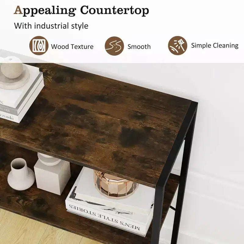 Costway Table Console 36" avec Étagères Ouvertes Texturées en Bois et Cadre Métallique pour Couloir Blanc/Brun